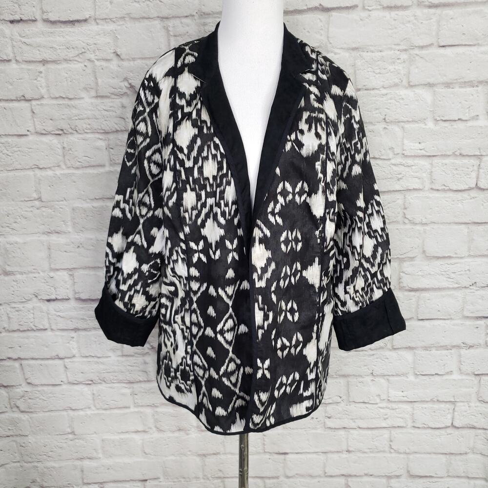 Chico's Sz 3 Black White Geometric Printed Open Front Jacket Chicos XL 16